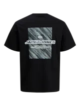 Remera negra de algodón con cuello redondo y manga corta. Estampado en la espalda con el logo de Jack & Jones y un diseño gráfico abstracto en tonos grises.