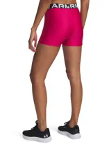 Calza corta de mujer Under Armour, modelo HeatGear Shorty, color azul con logo en la pierna izquierda y cintura elástica con la inscripción Under Armour.