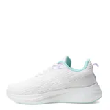 Championes blancos con detalles en lila y celeste, con cordones y suela blanca.