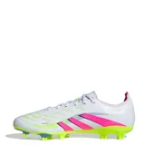 Championes de fútbol Adidas Predator League, unisex, color blanco con detalles en rosa, amarillo y celeste.