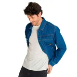 Chaqueta de denim azul con bolsillos frontales con cierre de broche metálico y bolsillos inferiores tipo Welt.
