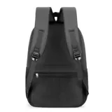 Mochila negra de tafeta con bolsillo frontal, tres divisiones con cierre, capacidad para notebook, bolsillos laterales de rejilla y detalles reflectivos.