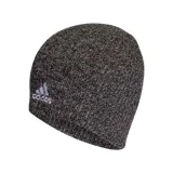 Gorro Adidas de tejido de punto jaspeado en tonos grises y negros, con logo de la marca bordado en blanco en el frente.