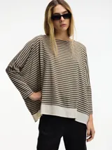 Sweater de viscosa y lino a rayas horizontales marrones y beige, de corte amplio, cuello redondo y mangas largas ajustadas.