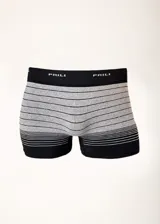 Boxer gris con rayas horizontales negras y blancas, cintura elástica negra con la marca "PRILI" en gris.