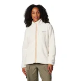 Polar de mujer Columbia modelo West Bend Full Zip, color blanco crema, con cierre frontal y cuello alto. Presenta un bolsillo en el pecho con solapa de tela lisa y cierre, y bolsillos laterales con cierre.