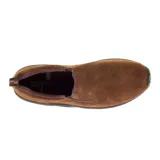 Mocasines de gamuza marrón con suela de goma negra.