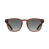 Lentes de sol marrones con montura redonda de madera y eco acetato, con lentes grises degradadas.