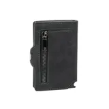 Billetera compacta de cuero genuino con caja de aluminio integrada para tarjetas. Presenta un sistema de deslizamiento mediante clip, bolsillo frontal con cierre de cremallera, compartimento para billetes y documentos, y protección RFID. Diseño en color verde oscuro con costuras a contraste.