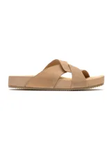 Sandalias bajas color beige con tiras cruzadas y detalle de nudo en el empeine.