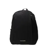 Mochila de tela color beige con cierre superior y logo de la marca en el frente.