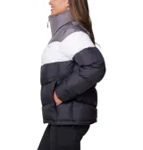 Campera puffer Columbia Puffect II con bloques de color gris, blanco y negro. Tiene aislamiento Thermarator™, tejido deperlante al agua, protector de mentón, bolsillos laterales con cremalleras y puños elásticos.