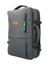 Mochila RKF unisex de poliéster reciclado repelente al agua, color gris. Cuenta con tres compartimentos independientes con cierre, compartimento para laptop de 15 pulgadas, triple bolsillo frontal con cierre, mango lateral, correas ajustables, almohadillas en la espalda, pasador para maleta y broches laterales.