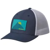 Gorra de béisbol Columbia color beige con paneles traseros de malla azul marino y logo de la marca bordado en el frente.