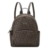 Mochila Guess modelo Shanewood, color marrón con estampado del logo de la marca en tono más claro. Tiene un bolsillo frontal con cremallera, dos bolsillos laterales y múltiples bolsillos interiores.