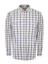 Camisa de manga larga con diseño a cuadros en tonos beige y azul. Cuenta con cuello abotonado, cierre frontal con botones, dos bolsillos con solapa en el pecho, canesú con ventilación y ojales en las axilas. Confeccionada en tejido ultraligero con tecnología 'Natural Flex' y protección UV 20+.