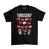 Remera negra de algodón con estampado de los personajes de la banda Trotsky Vengaran.