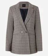 Blazer marrón con estampado de cuadros, corte oversized, cuello en V, manga larga y cierre con dos botones delanteros.