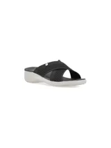 Sandalias negras de mujer con capellada textil, forro de poliéster y suela de poliuretano.