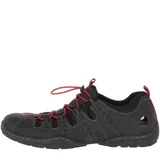 Sandalia deportiva de cuero color marrón con ajuste elástico y suela de goma negra.