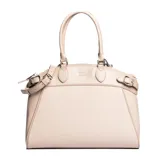 Cartera tipo tote color hueso, con doble asa de mano y correa de hombro ajustable y extraíble. Tiene cierre superior y forro interior textil.