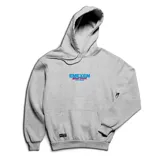 Canguro gris con capucha y bolsillo delantero, con estampado del logo de la marca Emexem en el frente y un tiburón de fiesta en la espalda.