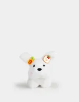 Llavero de peluche blanco con forma de conejo, con accesorios en las orejas y mosquetón metálico para colgar.