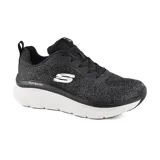 Zapatillas deportivas Skechers Relaxed Fit D'Lux Walker, color negro con detalles en gris y blanco. Confeccionadas en tejido de punto resistente, con cordones, plantilla Skechers Air Cooled Memory Foam y media suela de plataforma con amortiguación.
