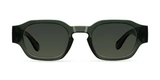 Gafas de sol unisex con montura geométrica color verde oscuro y lentes polarizadas color verde oscuro.