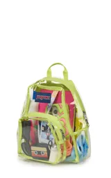 Mochila mini transparente con detalles en color lila pastel, marca JanSport.