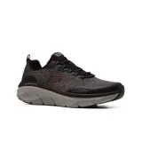 Championes deportivos Skechers Relaxed Fit D'Lux Walker 2.0 Steadyway para hombre, color negro con detalles en gris y naranja. Capellada de malla y material sintético con cordones elásticos, plantilla acolchada Skechers Air-Cooled Memory Foam y suela flexible. Fabricados con materiales 100% veganos.
