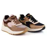 Championes Korium Donna de estilo casual, con suela alta y diseño color block en tonos negro, marrón, beige y dorado.