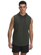 Buzo sin mangas para hombre, color verde oscuro, con capucha y logo estampado en el pecho.