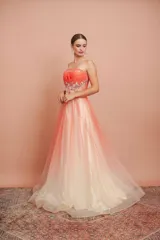 Vestido largo de fiesta, strapless, con busto drapeado y falda de tul con degradé de color coral a blanco. Presenta bordados florales en el corpiño.