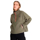 Buzo polar verde oscuro de microfleece, con cierre medio frontal con tirador con logo de Cat, bolsillo tipo canguro con costura divisoria, banda ajustable y parche de silicona con el logo de Caterpillar en el pecho izquierdo.
