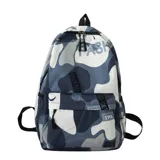 Mochila estampada de tela de nylon con doble cierre frontal, bolsillo al frente y correas de hombro acolchonadas.