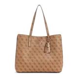 Cartera tote grande Guess Meridian con estampado del logo de la marca en tonos marrones.