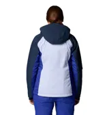 Campera Columbia Snowy Summit para mujer, en tonos gris y blanco. Impermeable y transpirable, con costuras selladas, forro termorreflectante Omni-Heat, capucha ajustable compatible con casco, faldón antinieve, múltiples bolsillos y puños con orificios para los pulgares.