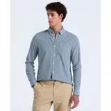 Camisa de hombre de manga larga confeccionada en poplin stretch con diseño de cuadros gingham en tonos azul y blanco.