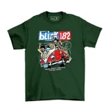 Remera negra de algodón con estampado del logo de la banda Blink 182 y una camioneta con los integrantes de la banda.