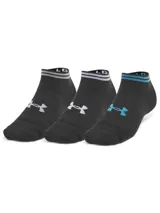 Medias deportivas Under Armour Essential Low Cut, color blanco con logo bordado en color lila.