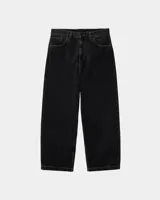 Pantalón tipo jean negro, con diseño de pernera ancha y costuras contrastantes.