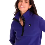 Buzo polar negro de mujer, marca CAT. Tiene cierre frontal de 3 botones con pliegue de poliéster ripstop, parche redondo con el logo de CAT en el pecho izquierdo, bolsillos en las costuras laterales y lycra en los puños de las mangas y en el dobladillo.