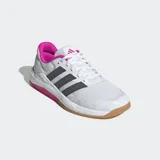 Championes Adidas Dropset Base blancos con detalles en gris y rosa. Presentan las tres tiras características de Adidas en gris y suela de goma color caramelo.