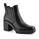 Botín negro de cuero con elástico lateral, plataforma track y taco cuadrado.