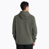 Buzo con capucha color verde militar, marca Merrell, con logo estampado en el pecho y bolsillo tipo canguro.