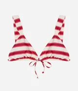 Top de bikini triangular fruncido con bretel ancho y copa desmontable, confeccionado en microfibra rayada.