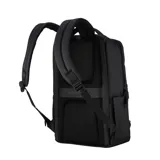 Mochila de diseño cuadrado, color beige claro, con múltiples compartimentos frontales con cierre y correas acolchadas para los hombros.