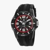 Reloj Marea con movimiento japonés de 3 agujas, caja de plástico negra de 45mm con bisel giratorio y corona de rosca, brazalete de silicona negra, esfera negra con detalles y segundero en rojo, y resistencia al agua de 20 ATM.