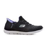 Championes deportivos Skechers Hands Free Slip-ins Summits Everyday Set, color negro jaspeado con detalles en lila. Diseño sin cordones con capellada de malla elástica, plantilla acolchada Skechers Air-Cooled Memory Foam y suela flexible.